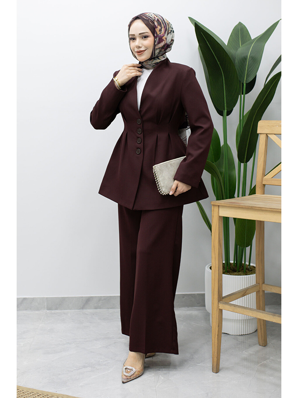 Pensli Belden Oturtmalı Blazer Takım TSD260227 Mürdüm-2
