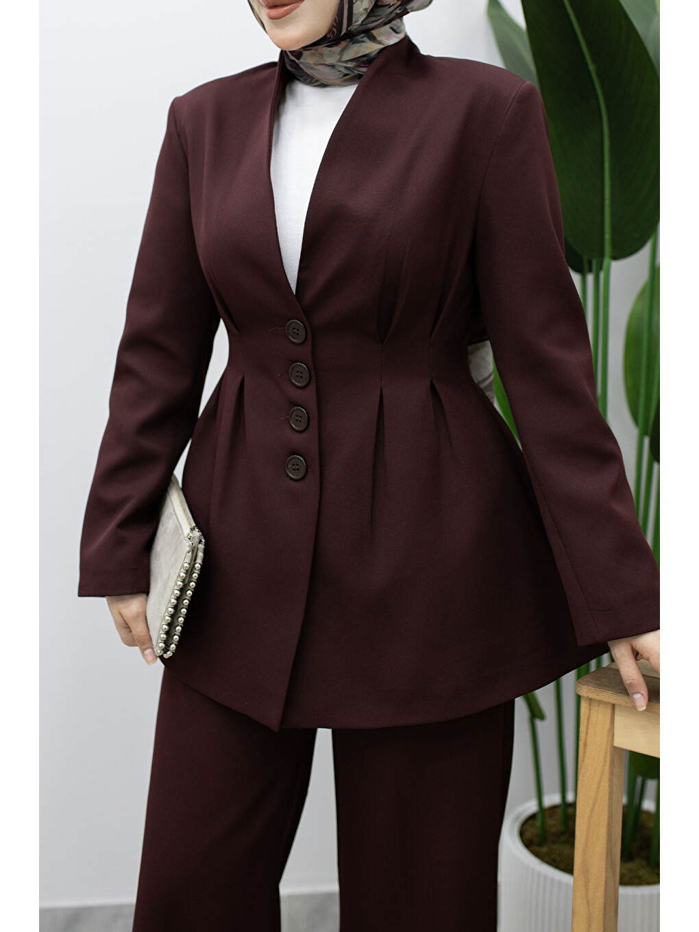 Pensli Belden Oturtmalı Blazer Takım TSD260227 Mürdüm-3