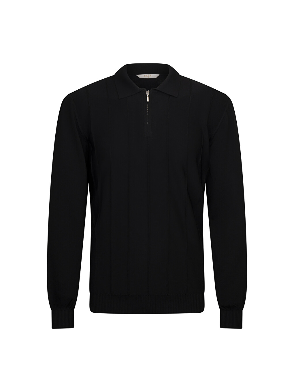 Siyah Regular Fit Fermuarlı Polo Yaka Rayon Triko Kazak