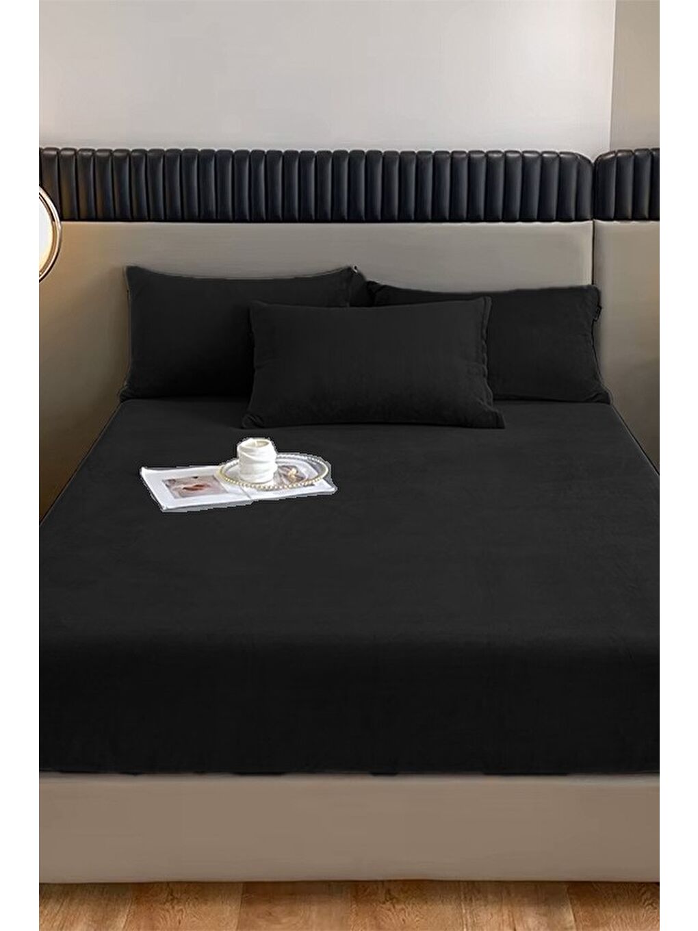 Siyah Kadife Kumaş Çift Kişilik Fitted Lastikli Çarşaf Takımı 160x200+30 cm-1