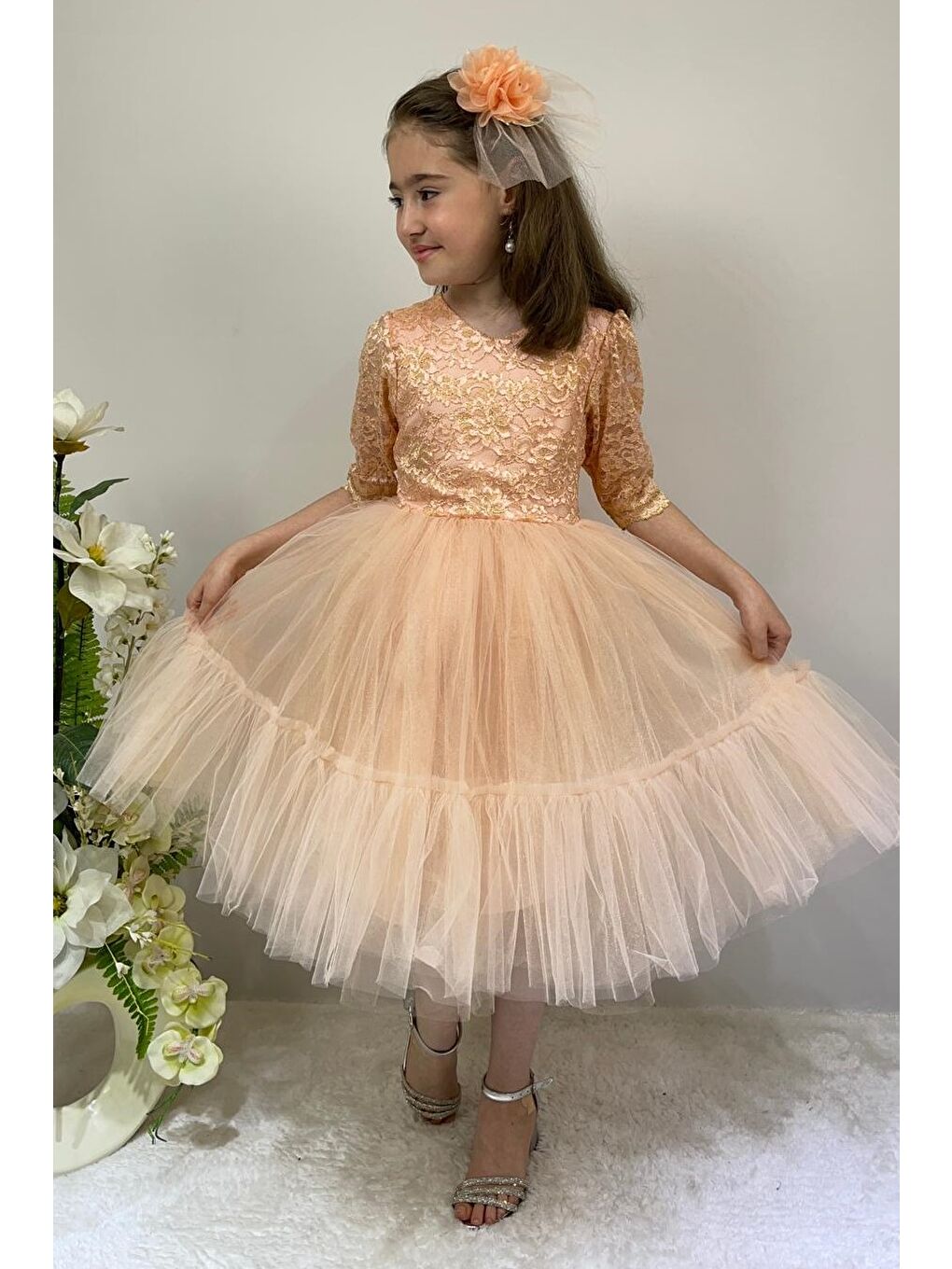 Pembe Kordone Dantel Sırt Fermuarlı Kız Çocuk Tütülü Abiye