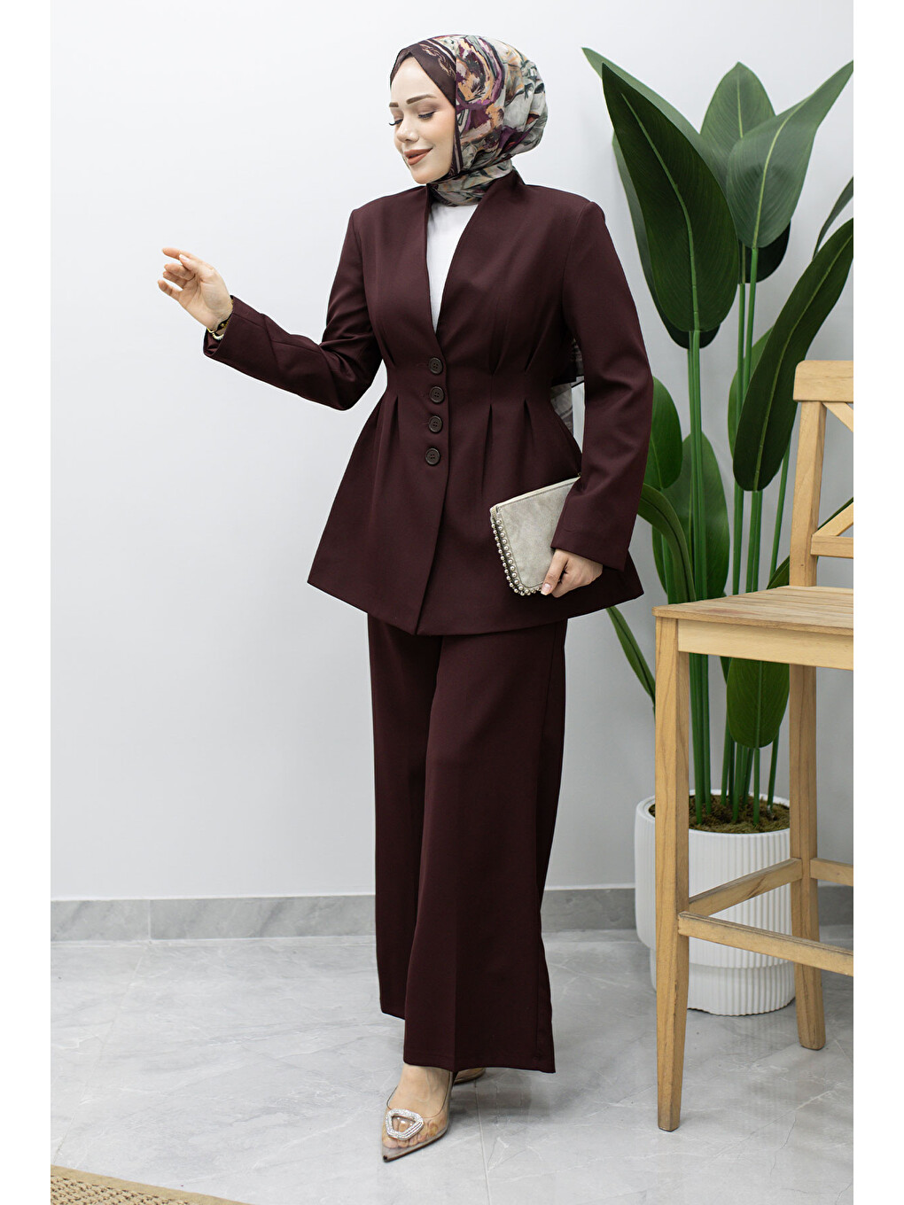Pensli Belden Oturtmalı Blazer Takım TSD260227 Mürdüm-4