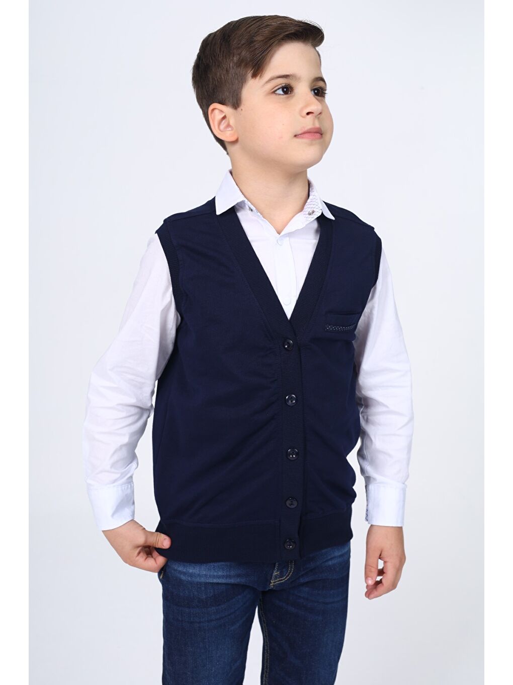 Lacivert Erkek Çocuk Düğmeli Yelek-1