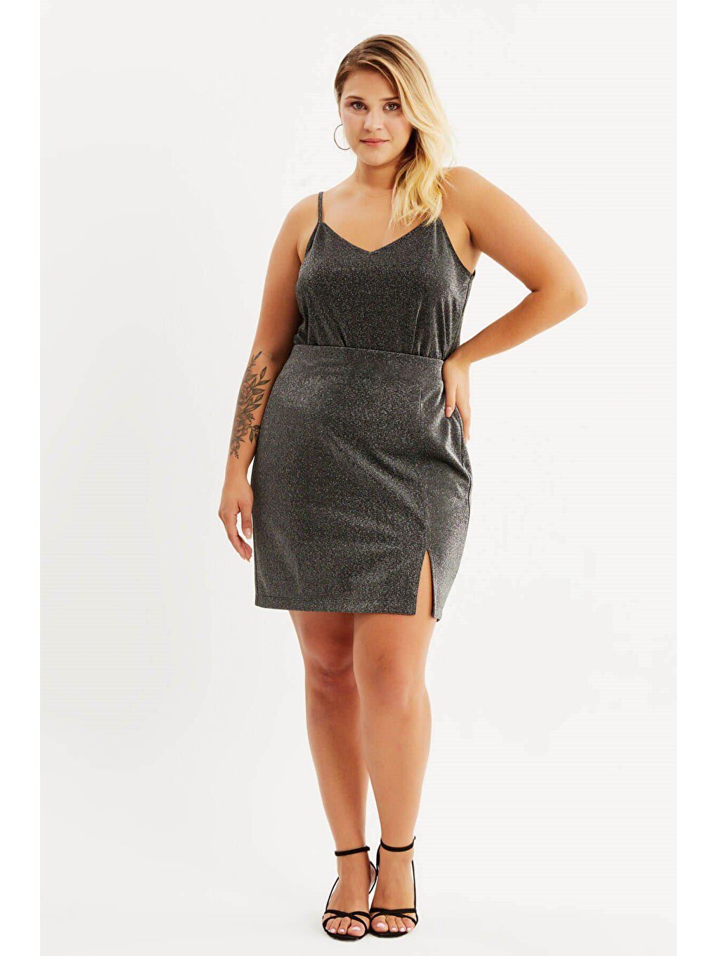 Gri Simli Yırtmaçlı Mini Etek