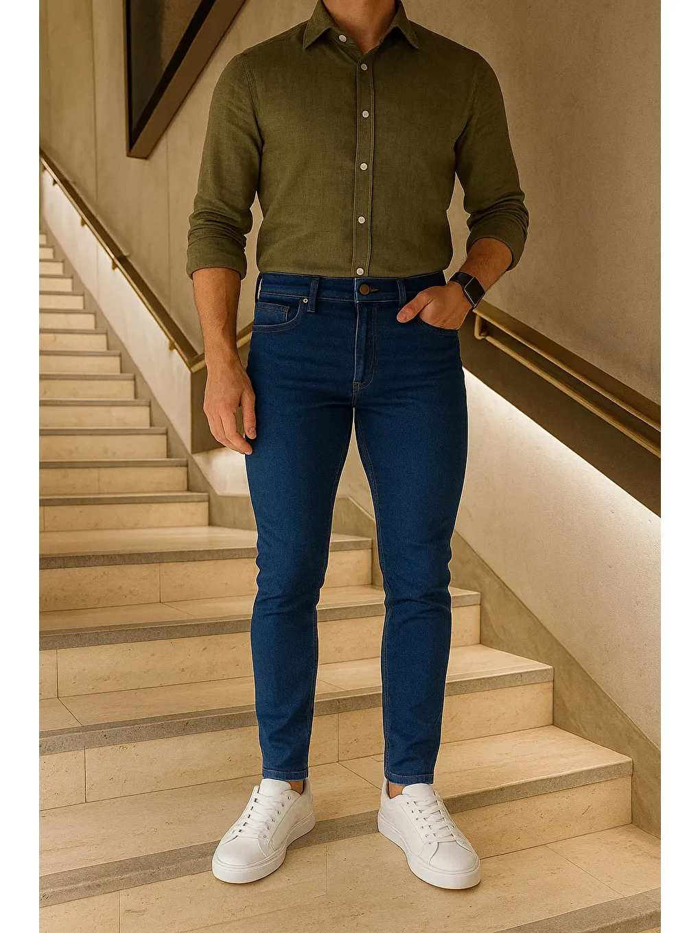 Erkek Yüksek Bel Premium Slim Fit Lacivert Jean Pantolon-1