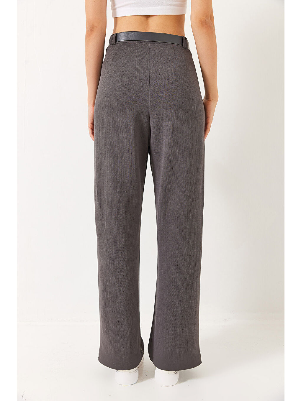 Gri Kadın Çift Pile Detaylı Kemerli Örme Pantolon-6