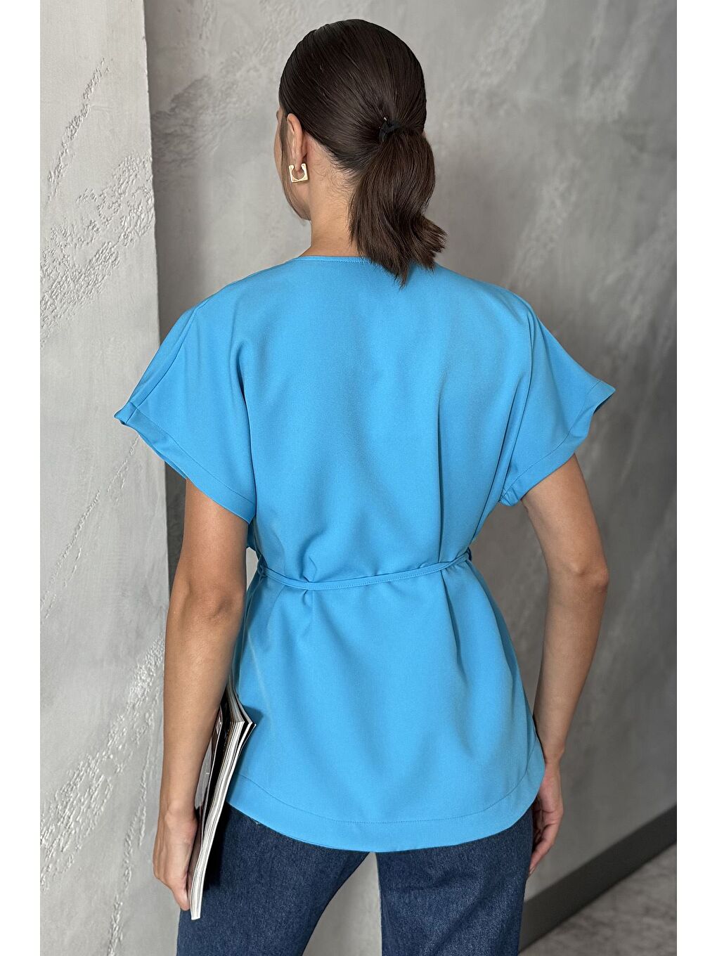 Mavi Kruvaze Yaka Bel Bağcıklı Kolsuz Ceket-2