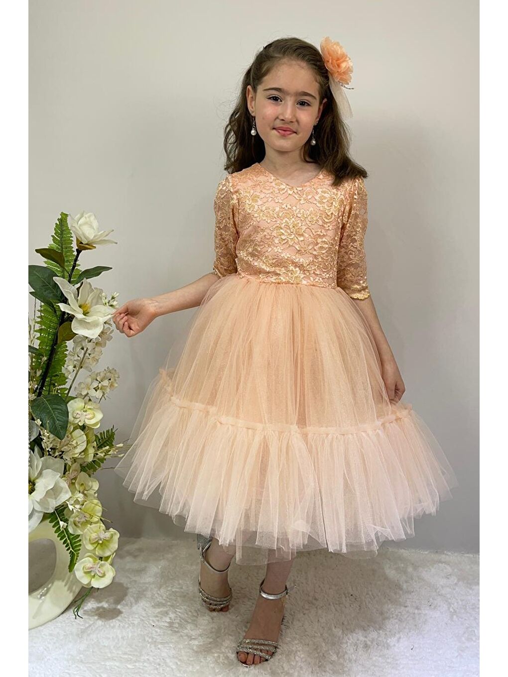 Pembe Kordone Dantel Sırt Fermuarlı Kız Çocuk Tütülü Abiye-4