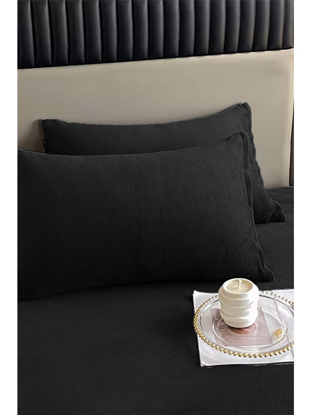 Siyah Kadife Kumaş Çift Kişilik Fitted Lastikli Çarşaf Takımı 160x200+30 cm-2