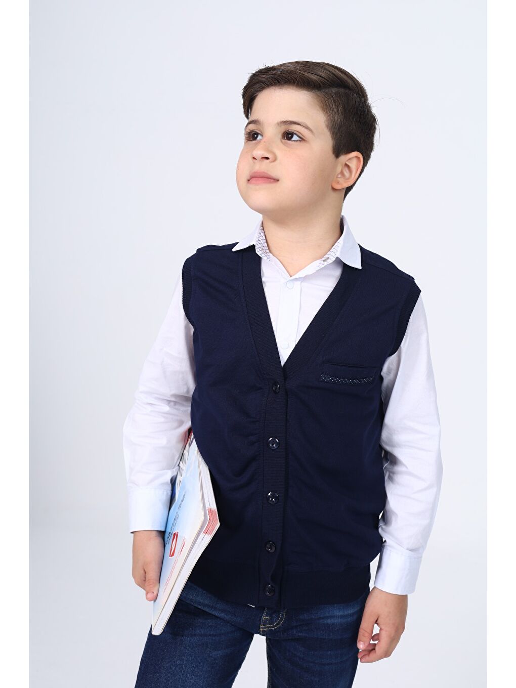 Lacivert Erkek Çocuk Düğmeli Yelek-4