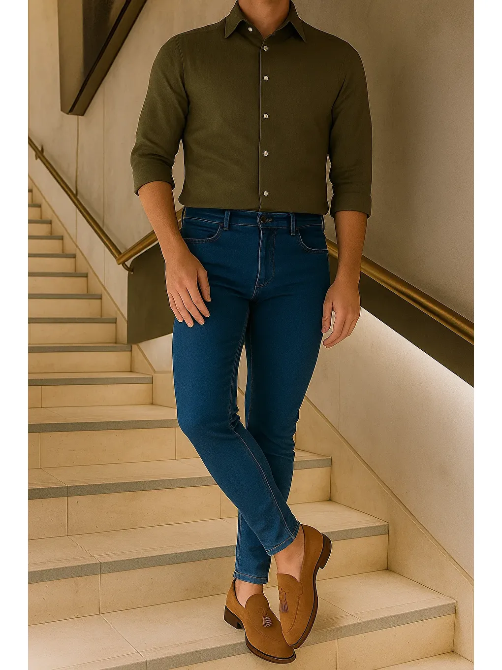 Erkek Yüksek Bel Premium Slim Fit Lacivert Jean Pantolon-2