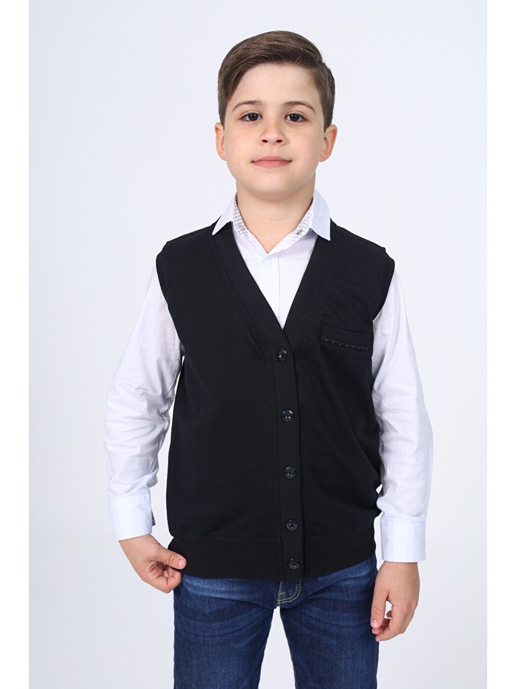 Siyah Erkek Çocuk Düğmeli Yelek