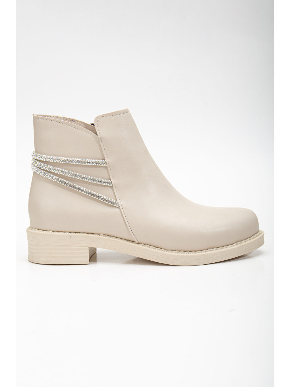 Bej Kadın Ten Cilt Termo Taban Üç Taş Halatlı Fermuarlı Kısa Topuklu Bot