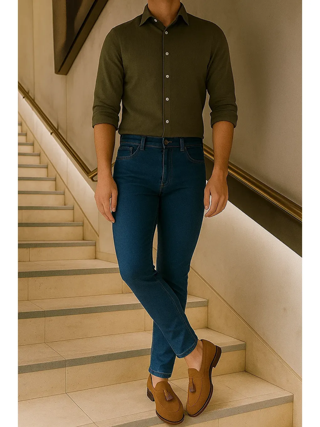 Erkek Yüksek Bel Premium Slim Fit Lacivert Jean Pantolon-3