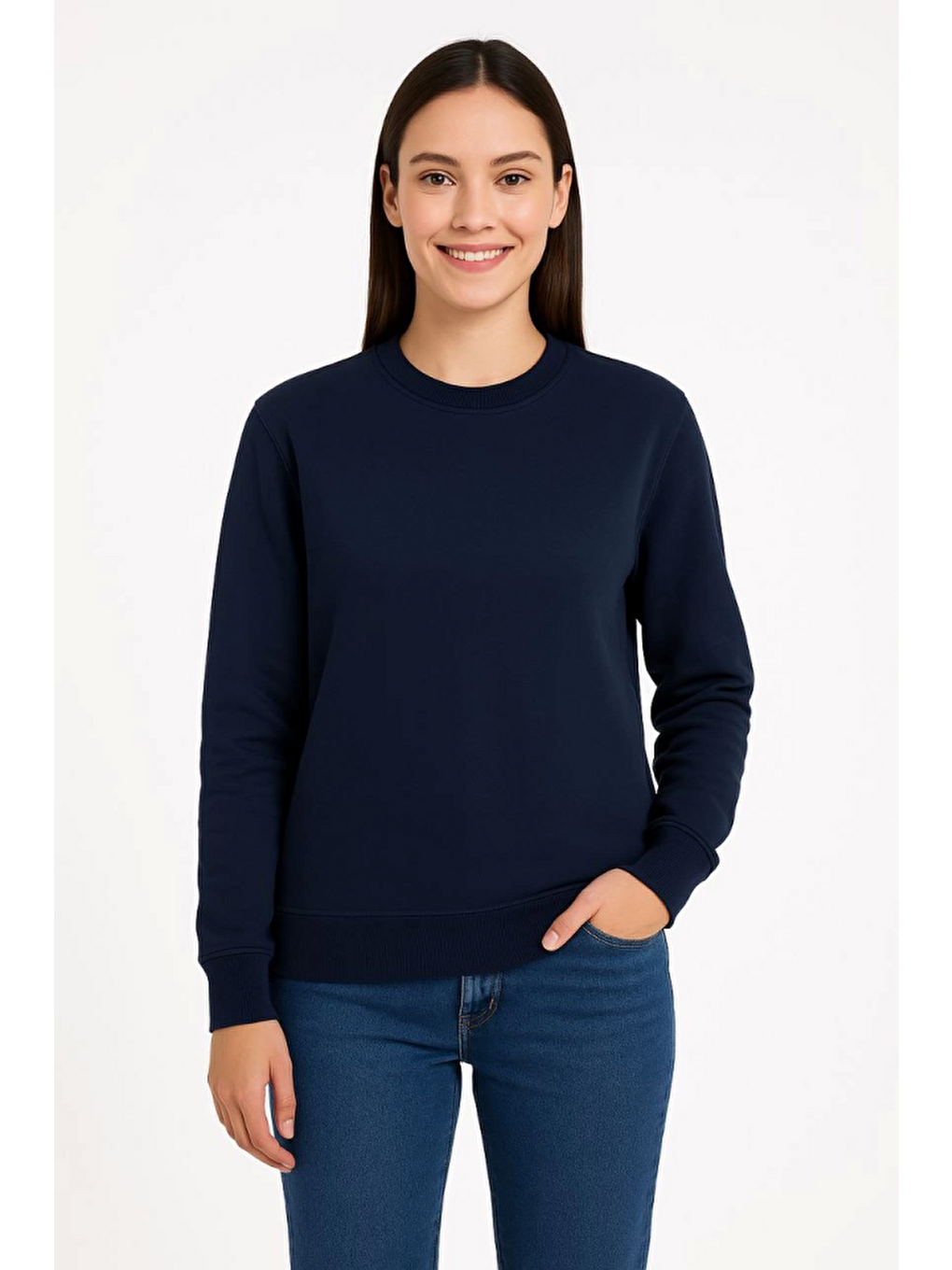 Üç İplik Düz Bisiklet Yaka Sweatshirt - Lacivert
