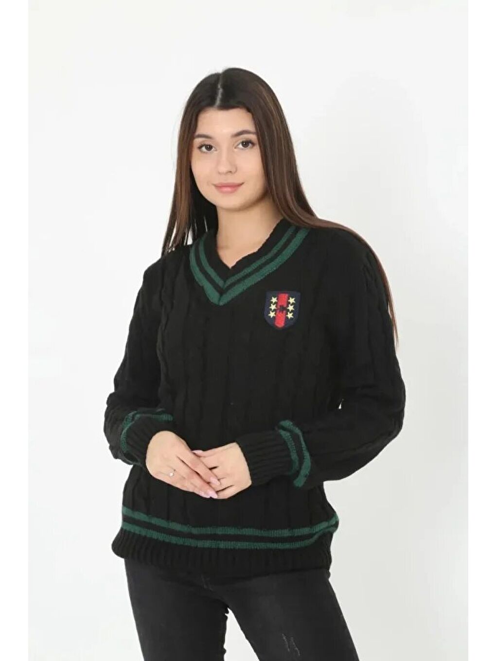 V Yaka Örgülü Kazak - Siyah