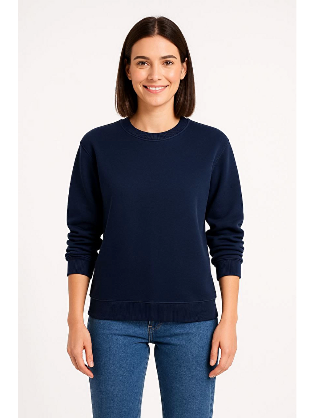Üç İplik Düz Bisiklet Yaka Sweatshirt - Lacivert-1