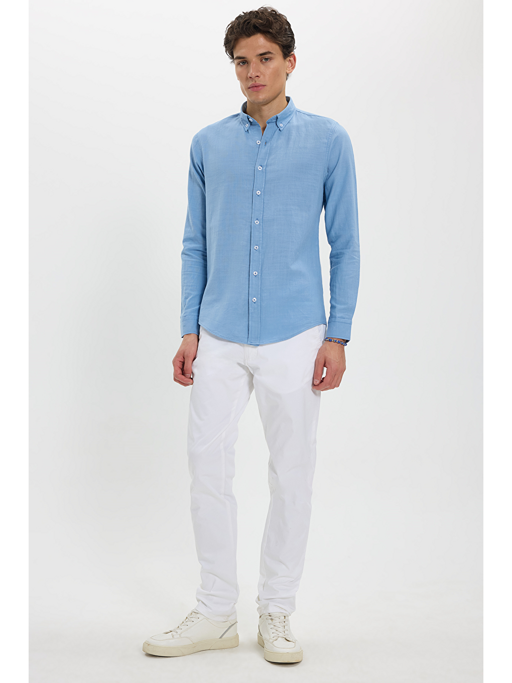 Erkek Slim Fit Dar Kesim %100 Pamuk Düğmeli Yaka Flam Keten Mavi Gömlek-1