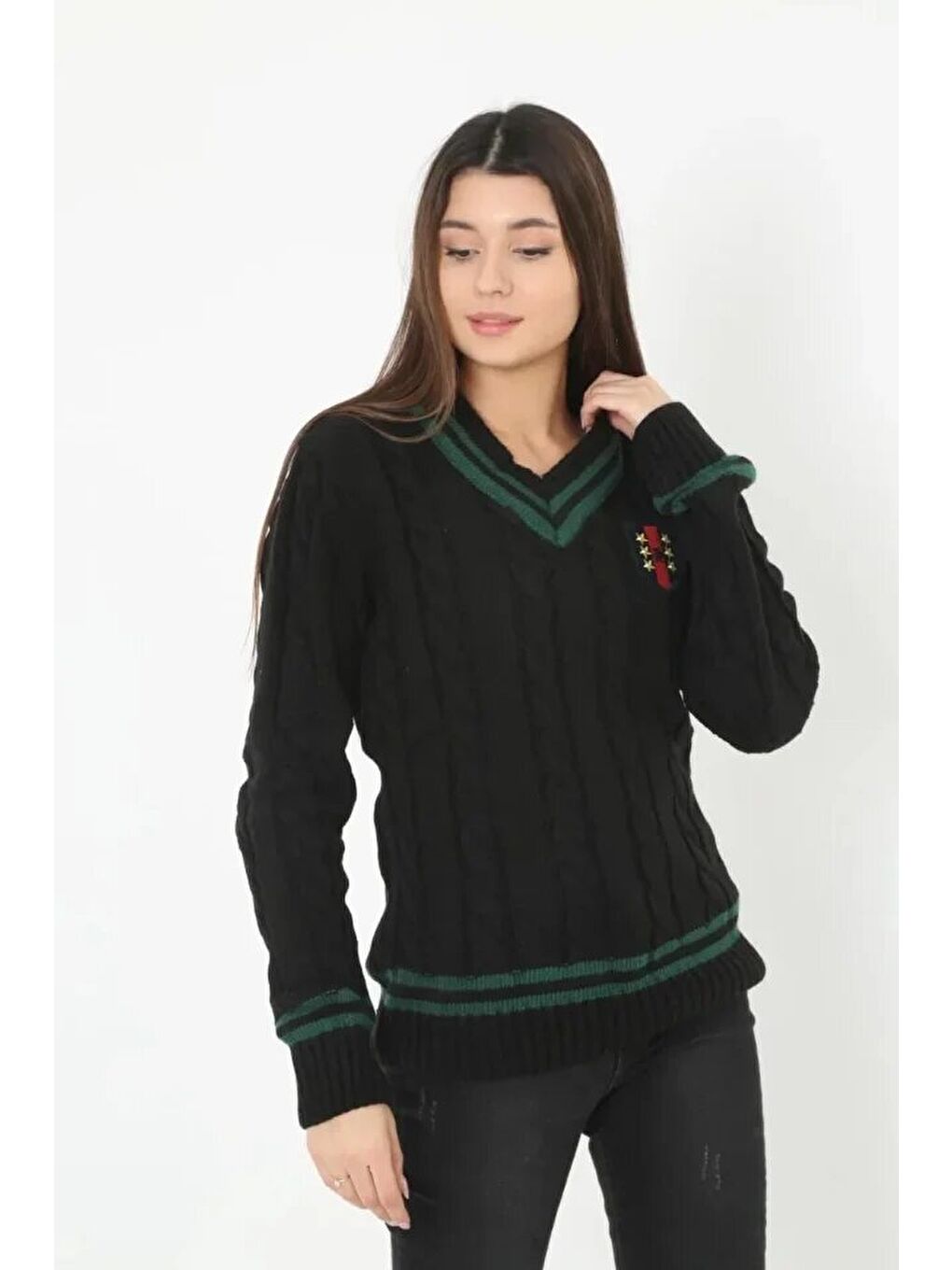 V Yaka Örgülü Kazak - Siyah-1