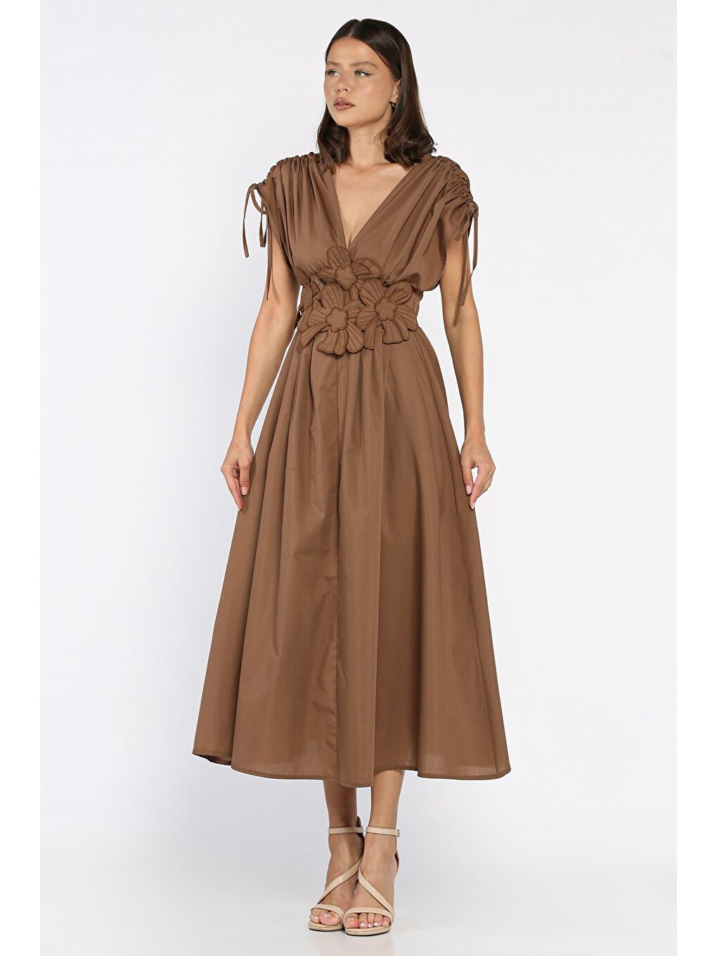 Kahverengi Papatya Aplikeli Kruvaze Elbise-1