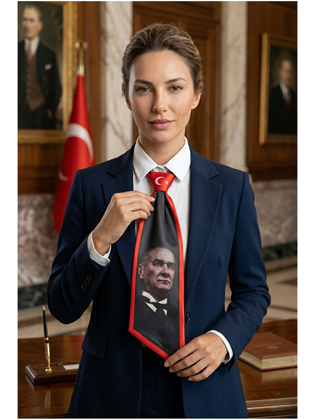 Beyaz Kadın Atatürk Temalı Uzun Bağlamalı Boyun Fuları Kravat Fular FLR1027 KIRMIZI