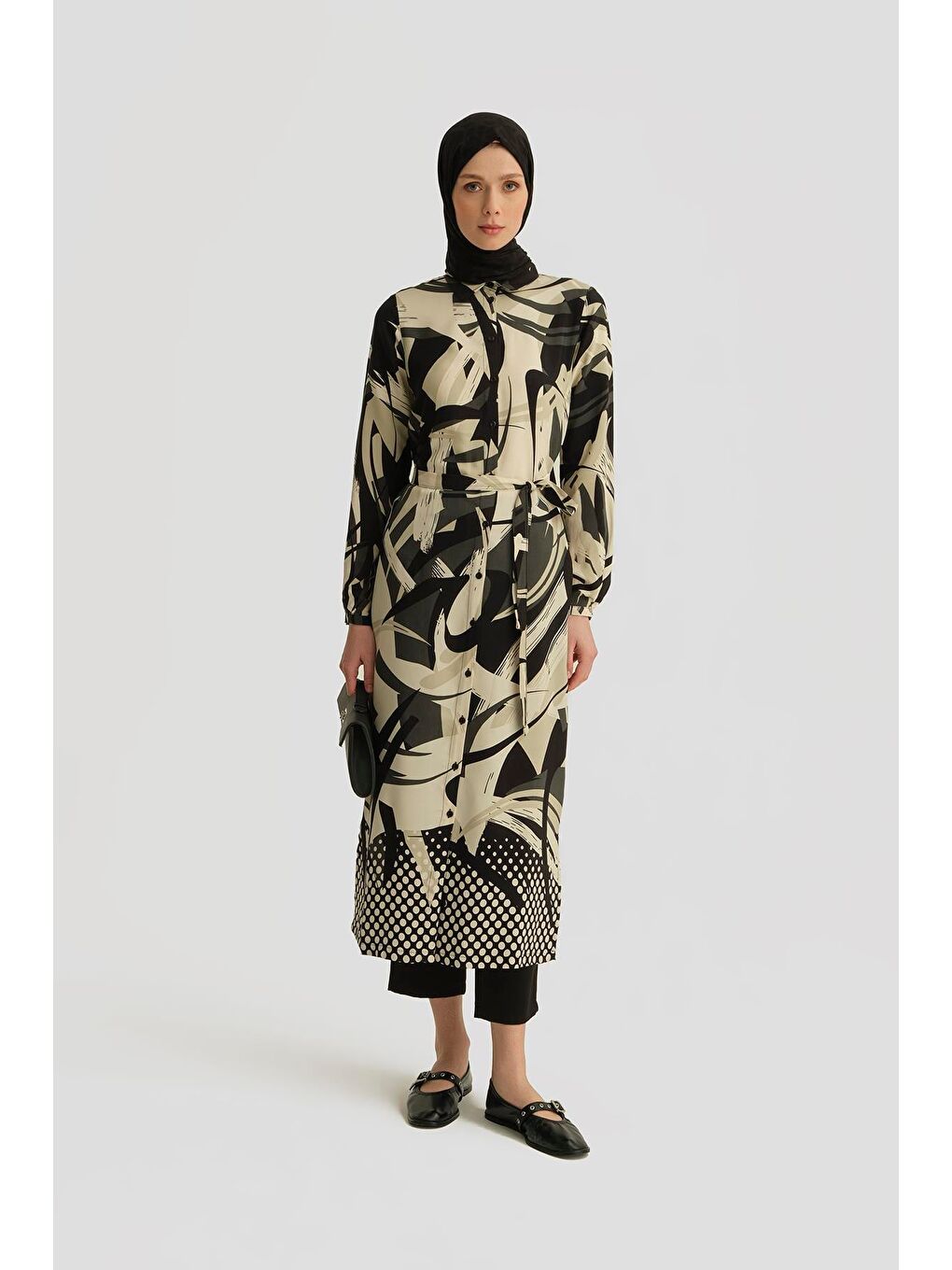 Ekru Desenli Viskon Tunik Elbise 25Yt402 Siyah - Beyaz