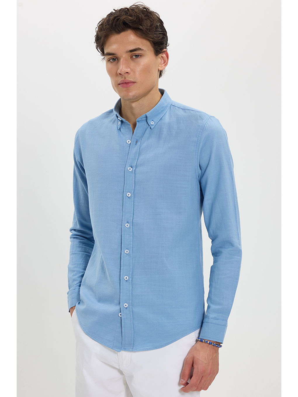 Erkek Slim Fit Dar Kesim %100 Pamuk Düğmeli Yaka Flam Keten Mavi Gömlek-2