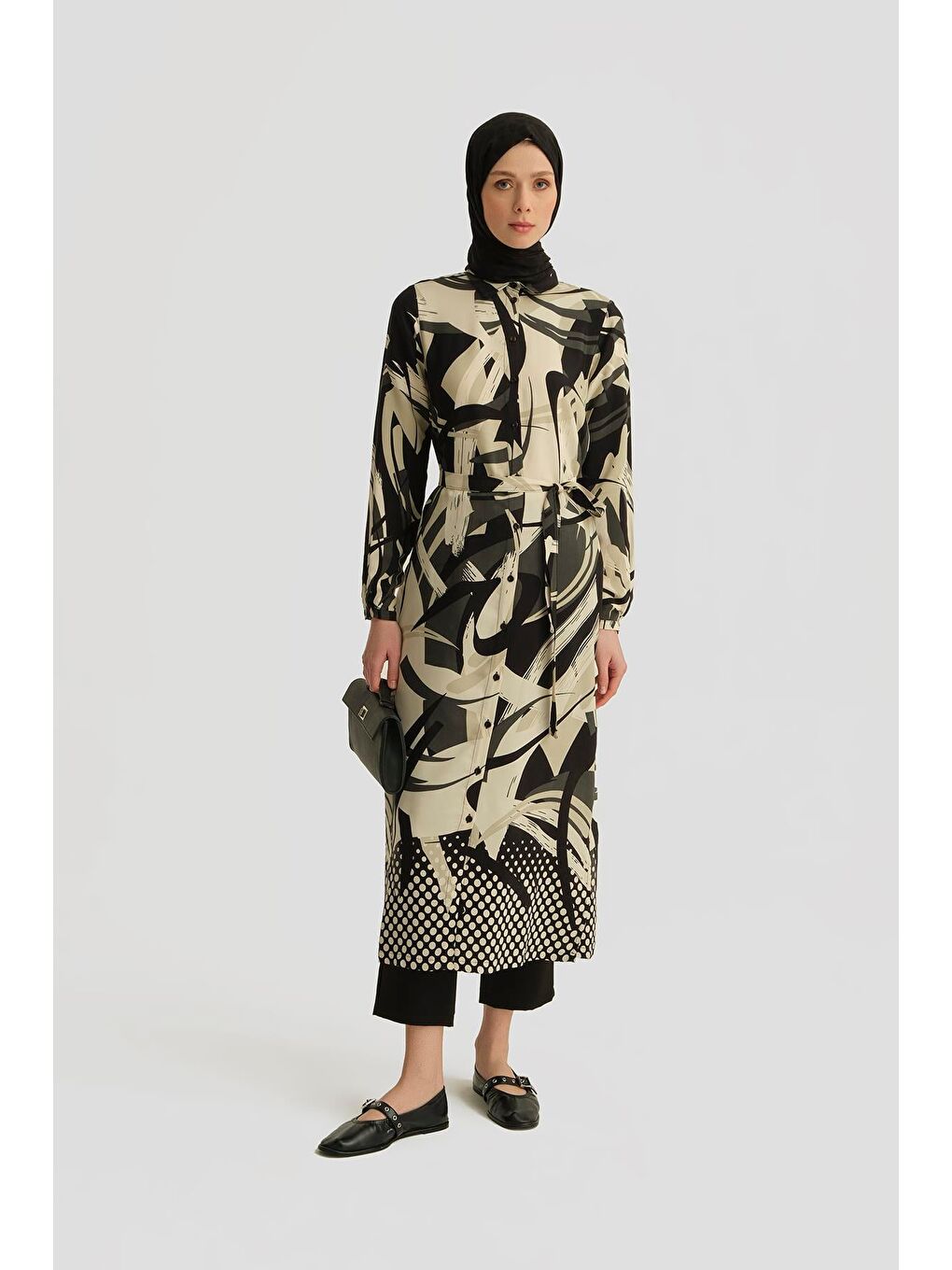 Ekru Desenli Viskon Tunik Elbise 25Yt402 Siyah - Beyaz-1