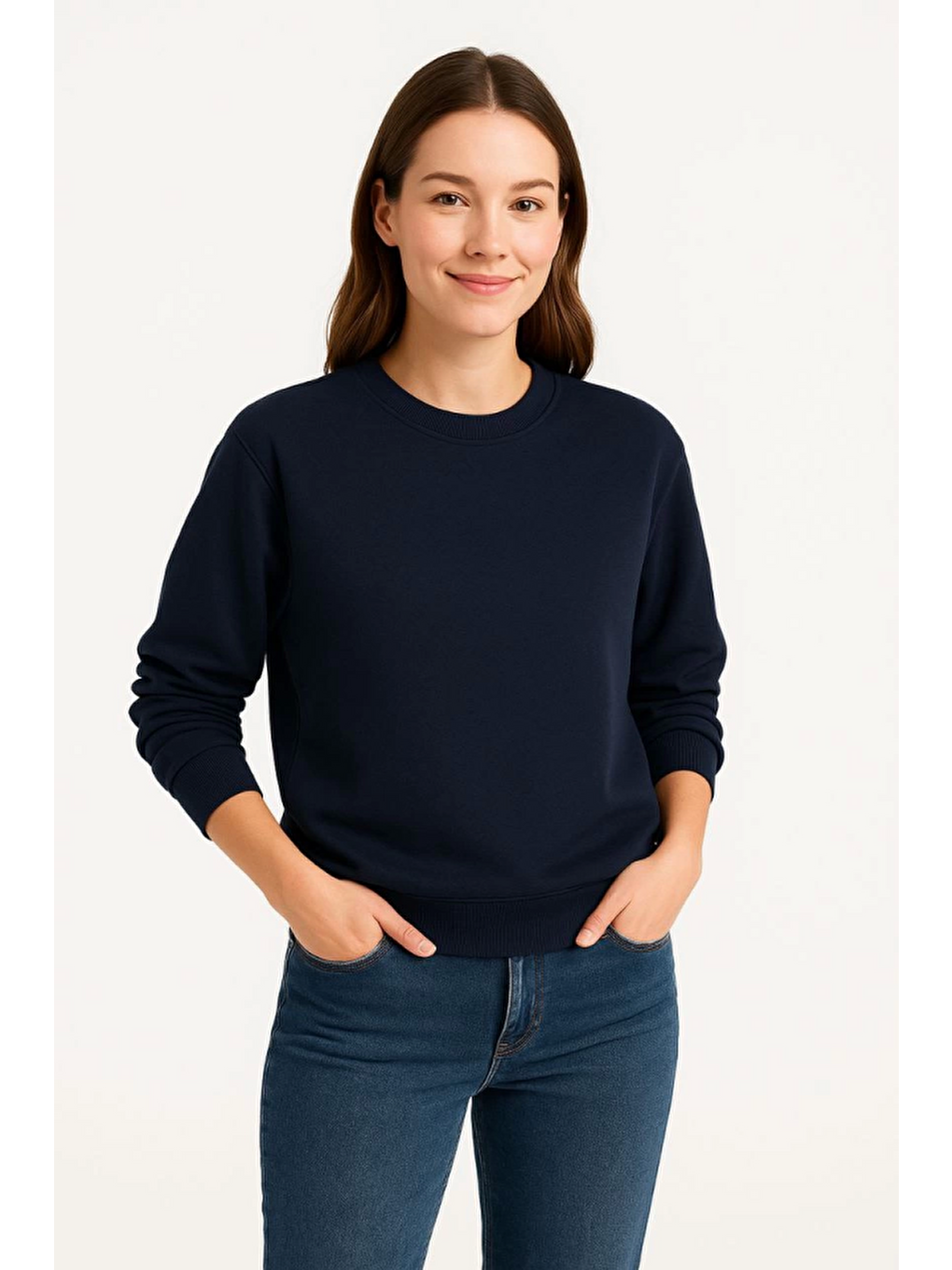 Üç İplik Düz Bisiklet Yaka Sweatshirt - Lacivert-2