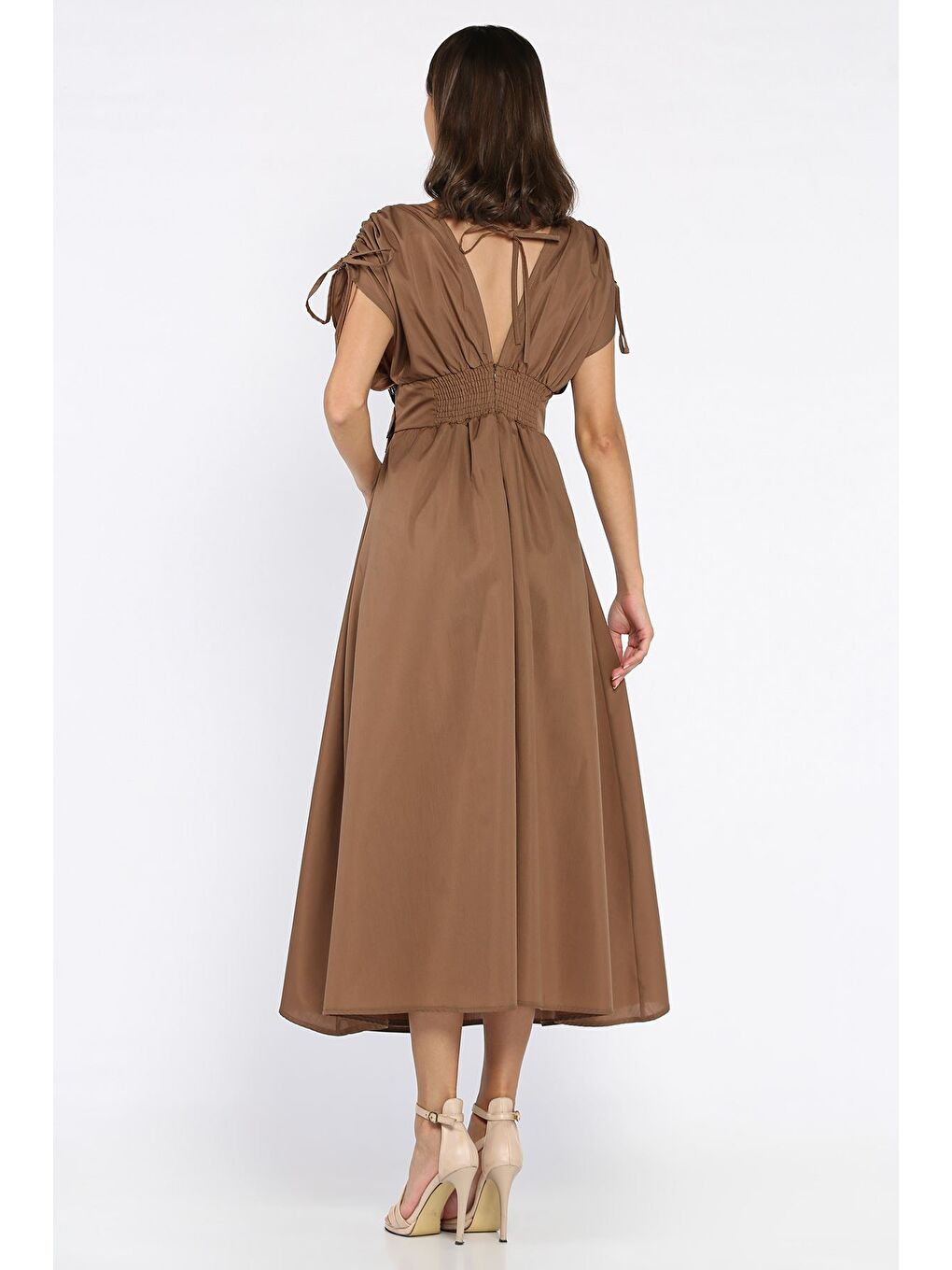 Kahverengi Papatya Aplikeli Kruvaze Elbise-2