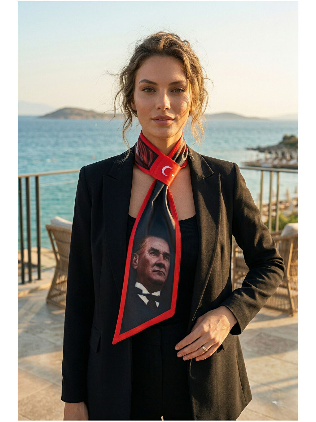 Beyaz Kadın Atatürk Temalı Uzun Bağlamalı Boyun Fuları Kravat Fular FLR1027 KIRMIZI-1