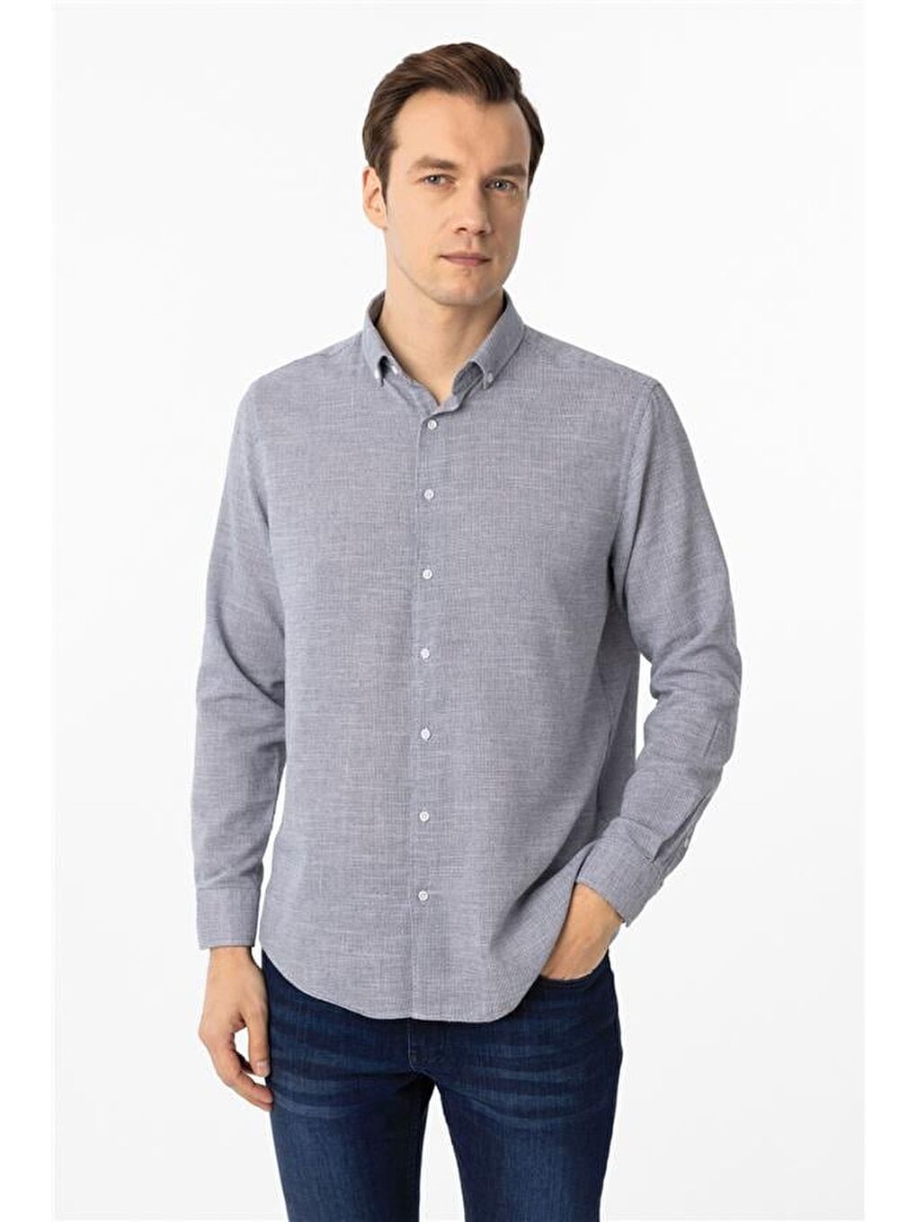 Lacivert Regular Desenli Düğmeli Yaka Gömlek-1