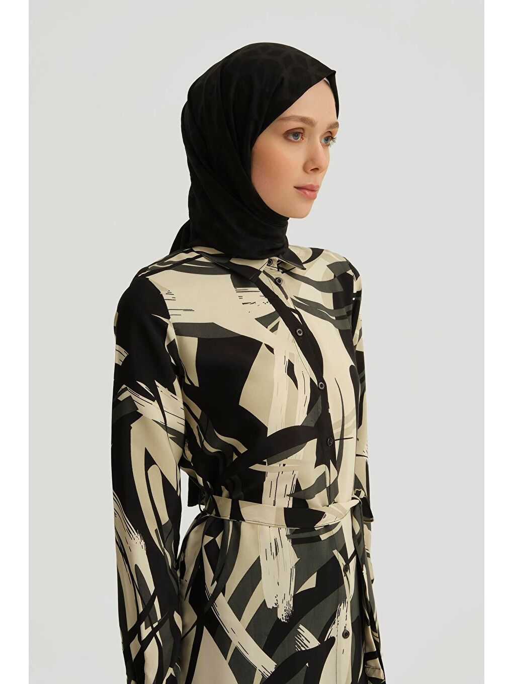 Ekru Desenli Viskon Tunik Elbise 25Yt402 Siyah - Beyaz-2