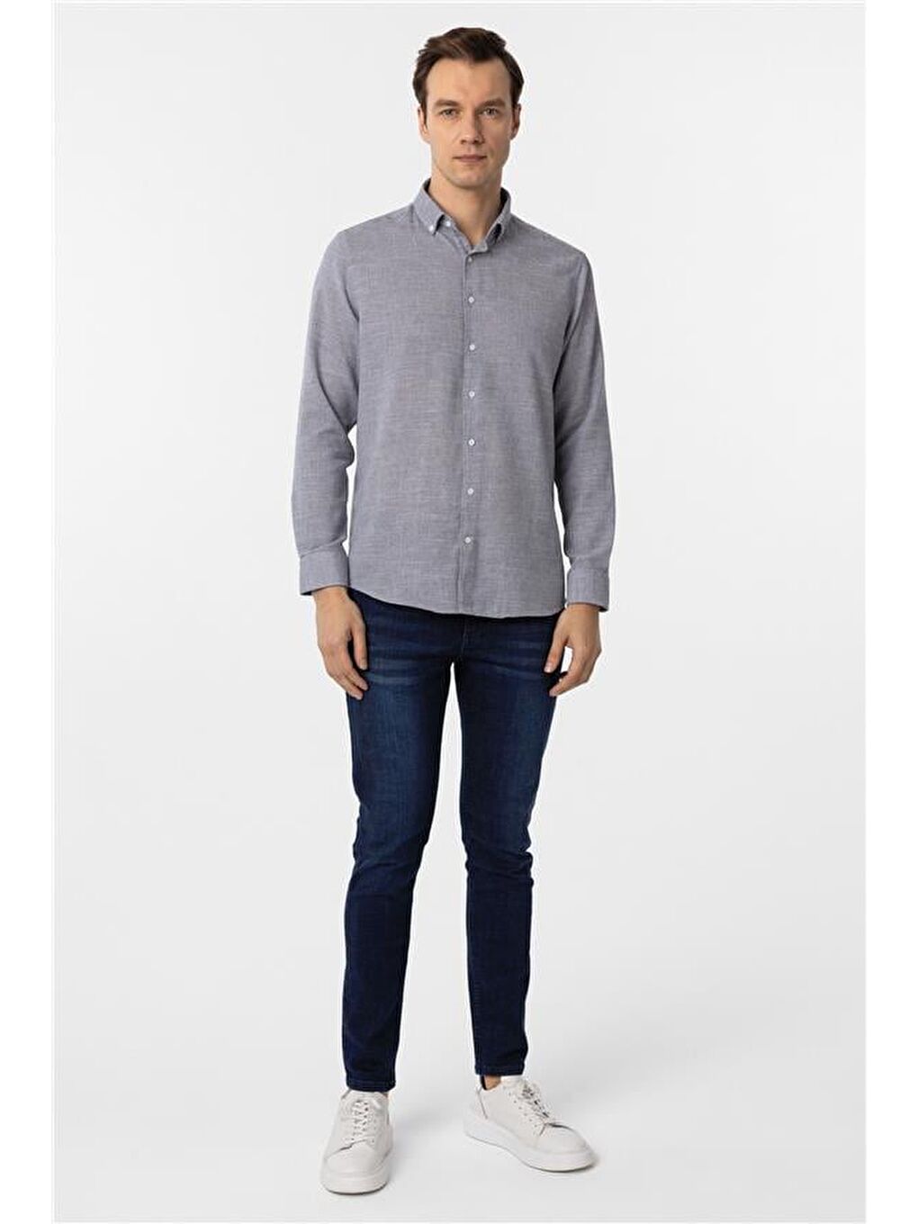 Lacivert Regular Desenli Düğmeli Yaka Gömlek-5