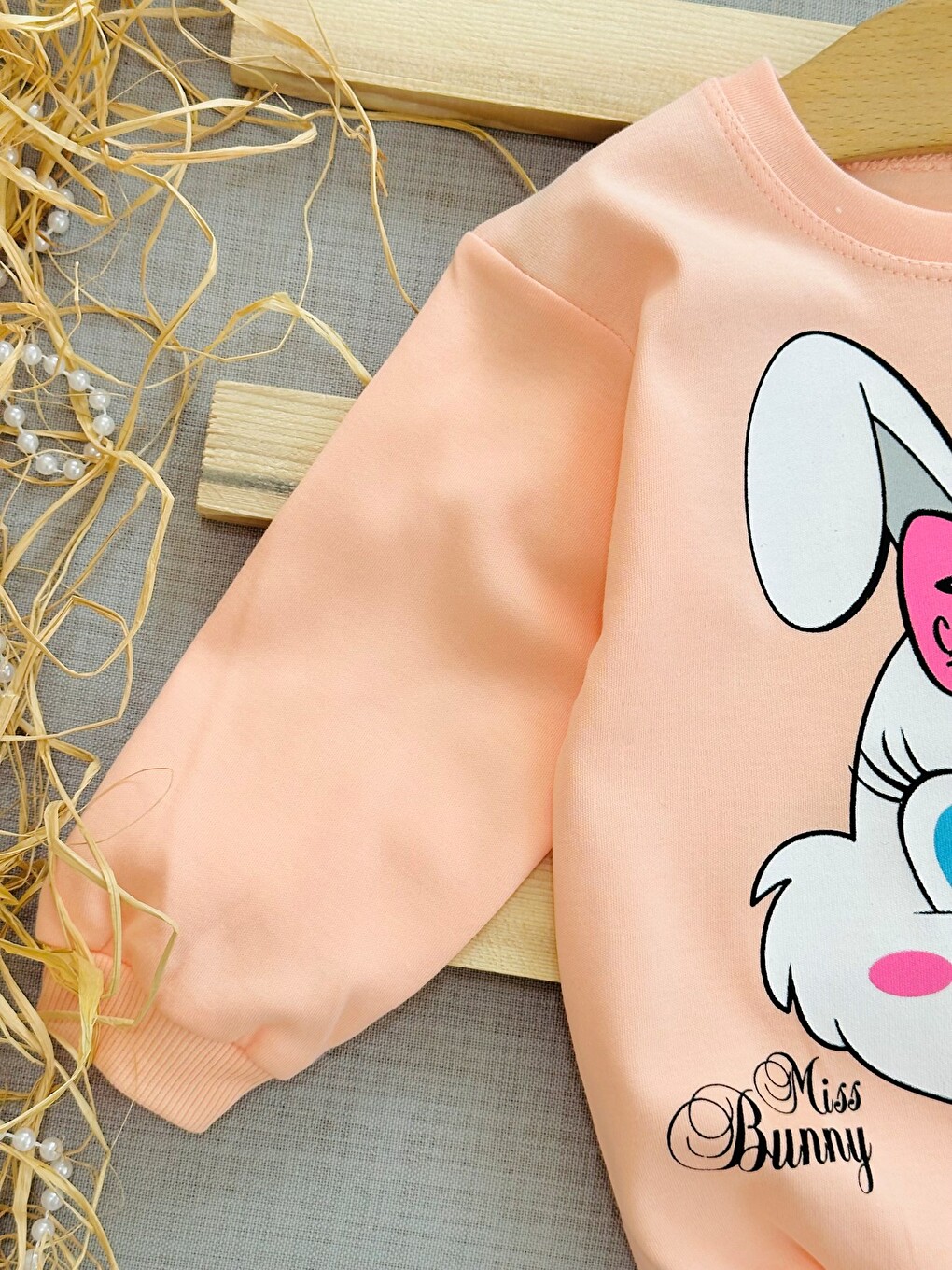 Pembe Kız Bebek Mevsimlik Uzun Kollu Sevimli Tavşan Baskılı Sweathirt Alt Üst Takım-1