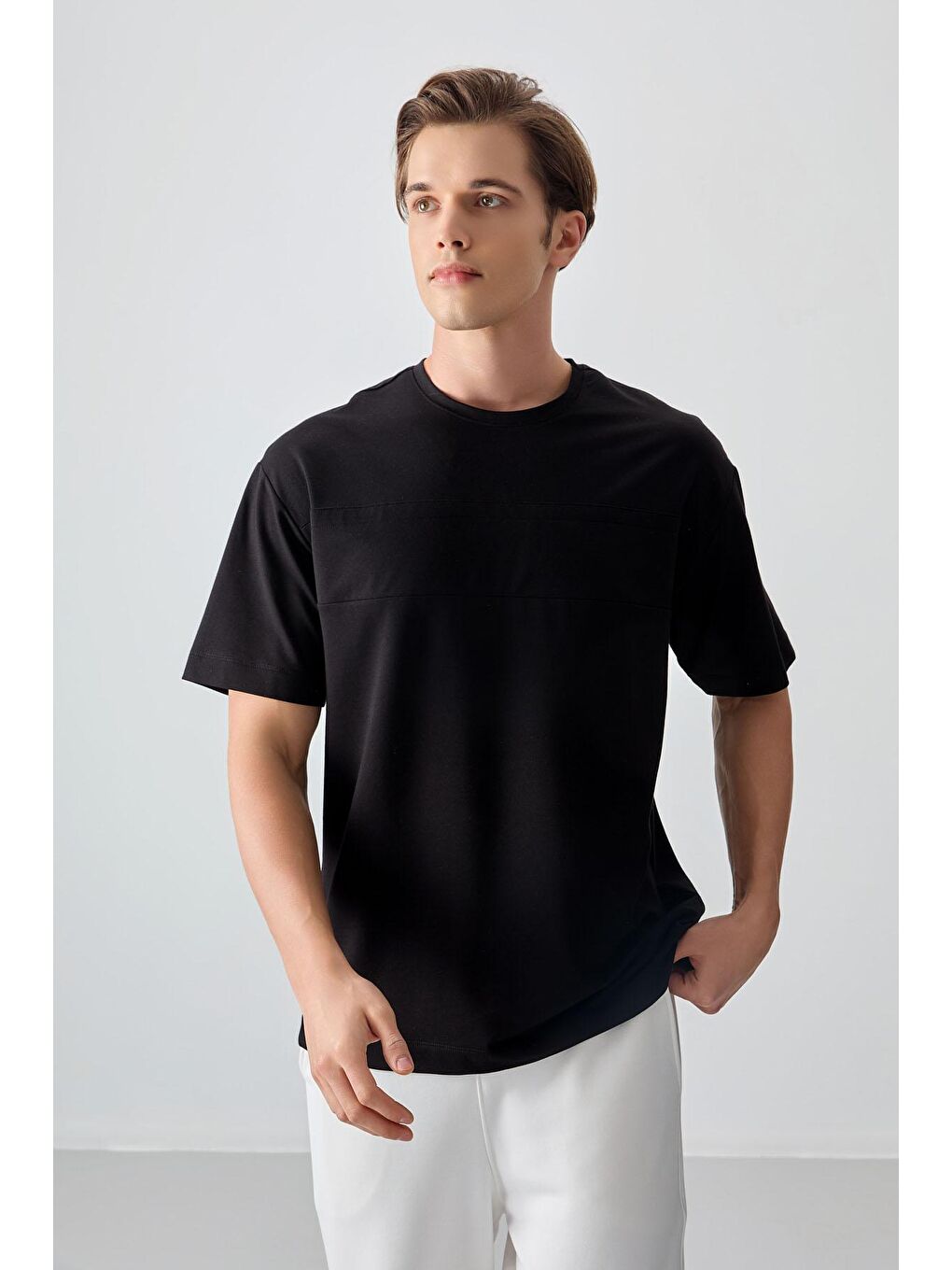 AIR JONES Siyah Pamuklu Kalın Yumuşak Dokulu Oversize Fit Basic Erkek T-Shirt - 88378 - 2