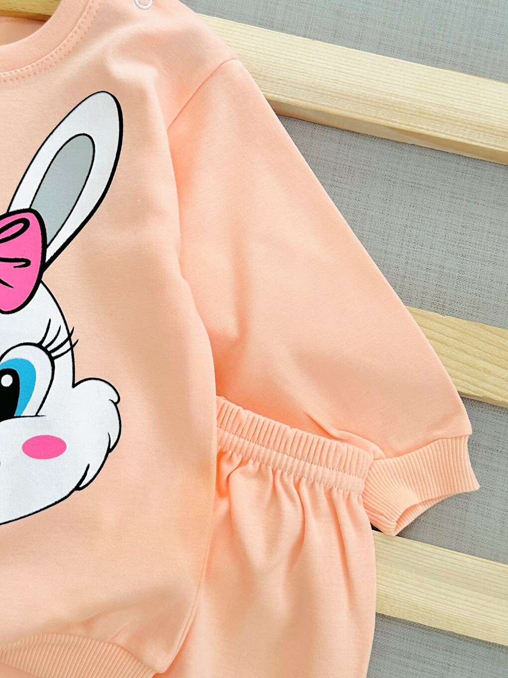 Pembe Kız Bebek Mevsimlik Uzun Kollu Sevimli Tavşan Baskılı Sweathirt Alt Üst Takım-3