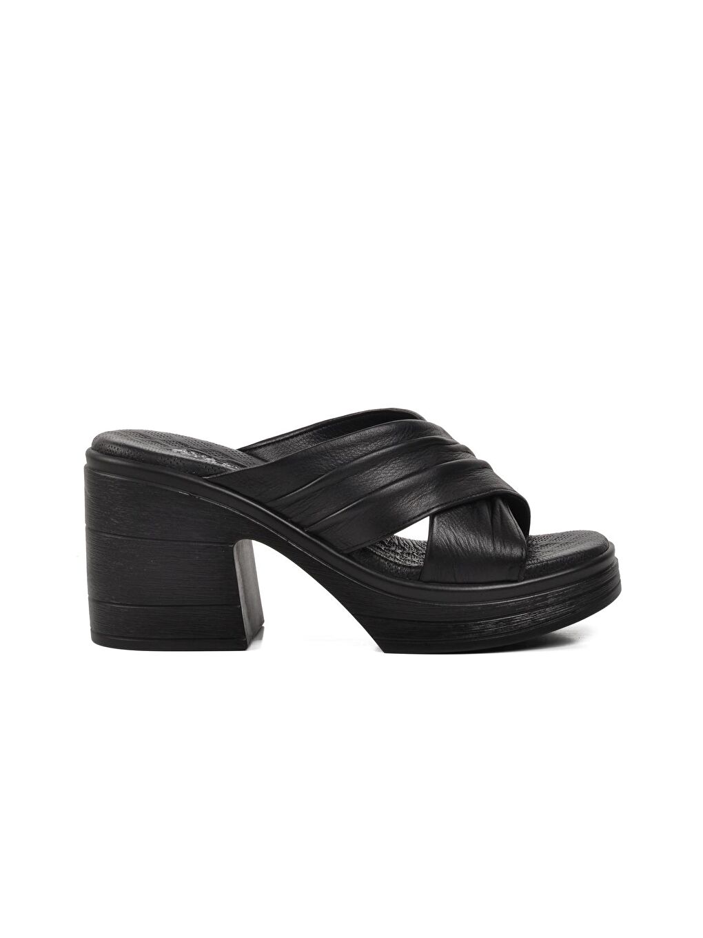 Siyah Hakiki Deri Kadın Dolgu Topuklu Terlik 523004