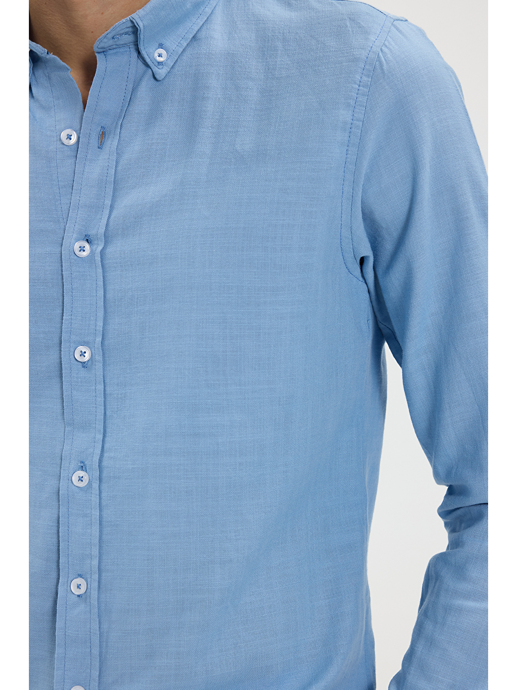 Erkek Slim Fit Dar Kesim %100 Pamuk Düğmeli Yaka Flam Keten Mavi Gömlek-4