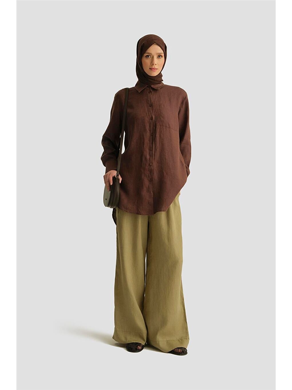 Kahverengi Keten Tunik 25Yd4231-1 Acı Kahve
