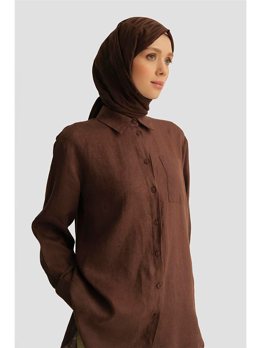 Kahverengi Keten Tunik 25Yd4231-1 Acı Kahve-2