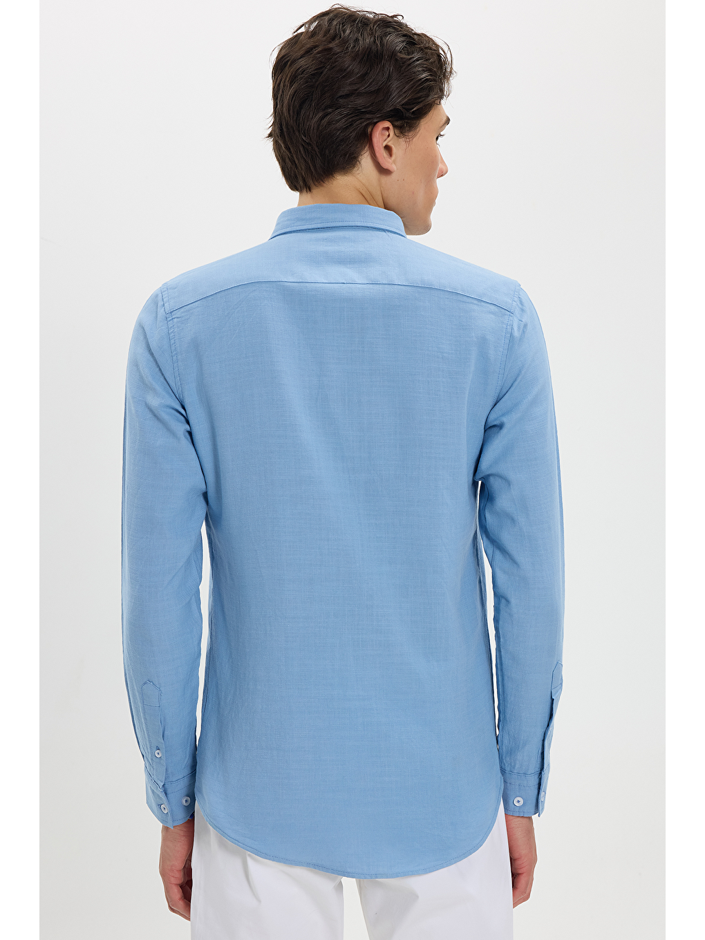 Erkek Slim Fit Dar Kesim %100 Pamuk Düğmeli Yaka Flam Keten Mavi Gömlek-6