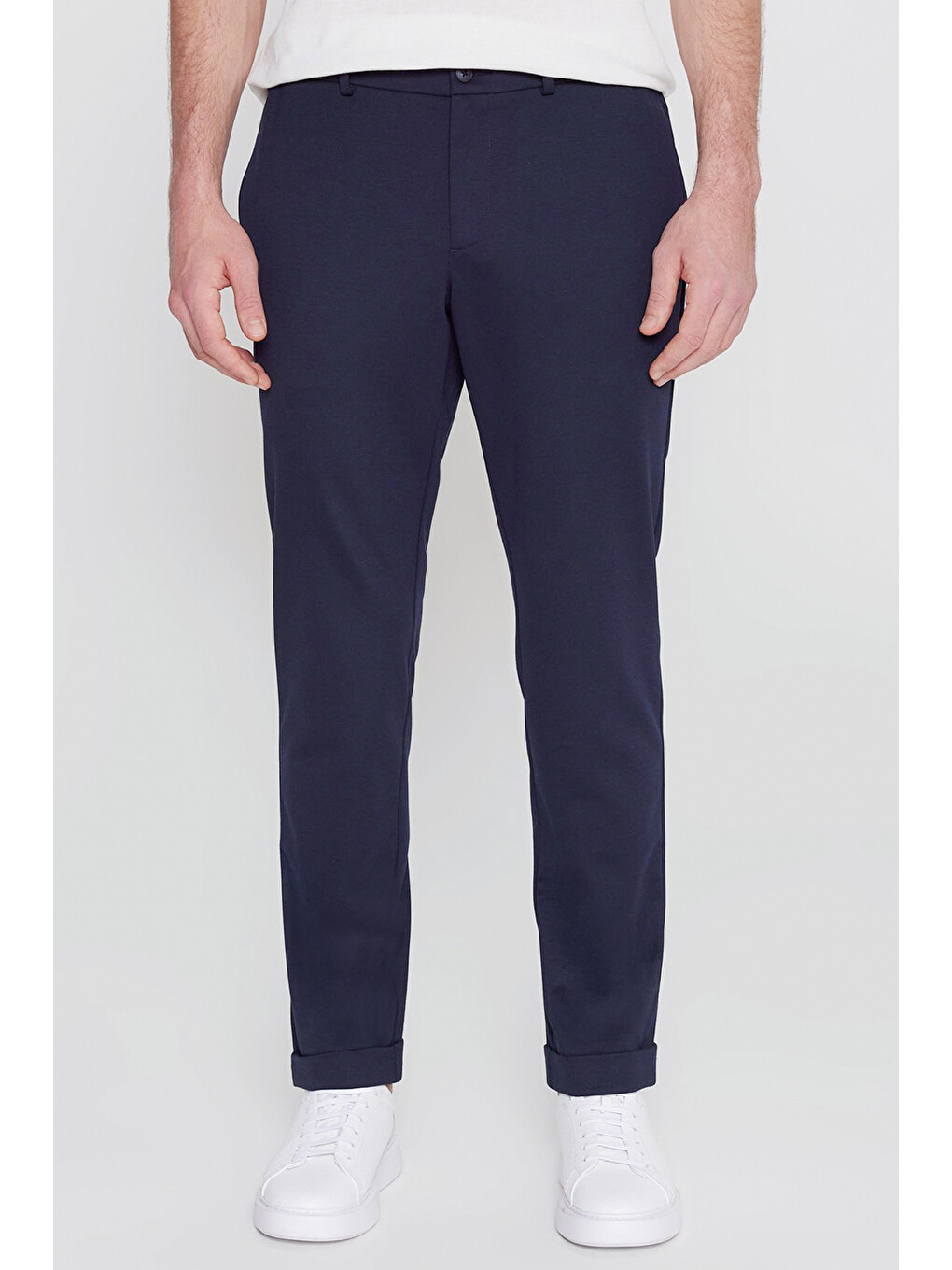 Erkek Lacivert Slim Fit Dar Kesim Beli Bağlamalı Yan Cepli Armürlü Casual Pantolon-1