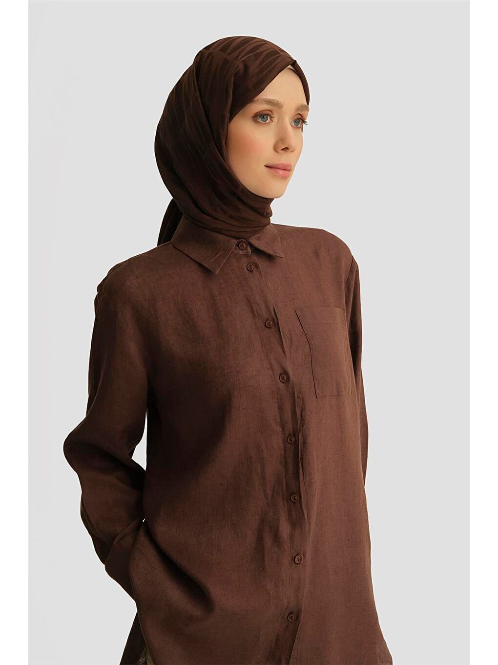 Kahverengi Keten Tunik 25Yd4231-1 Acı Kahve-3