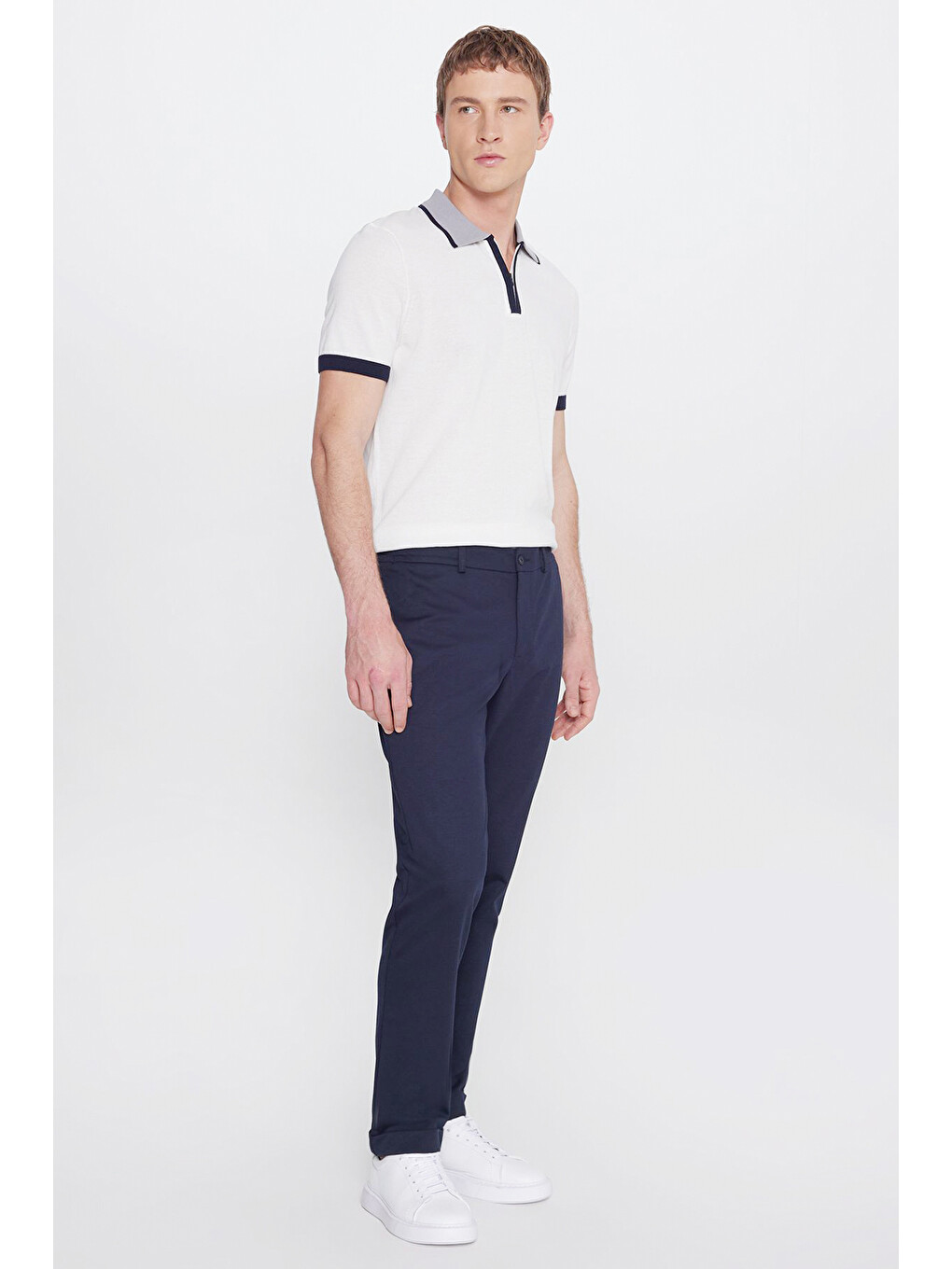 Erkek Lacivert Slim Fit Dar Kesim Beli Bağlamalı Yan Cepli Armürlü Casual Pantolon-2