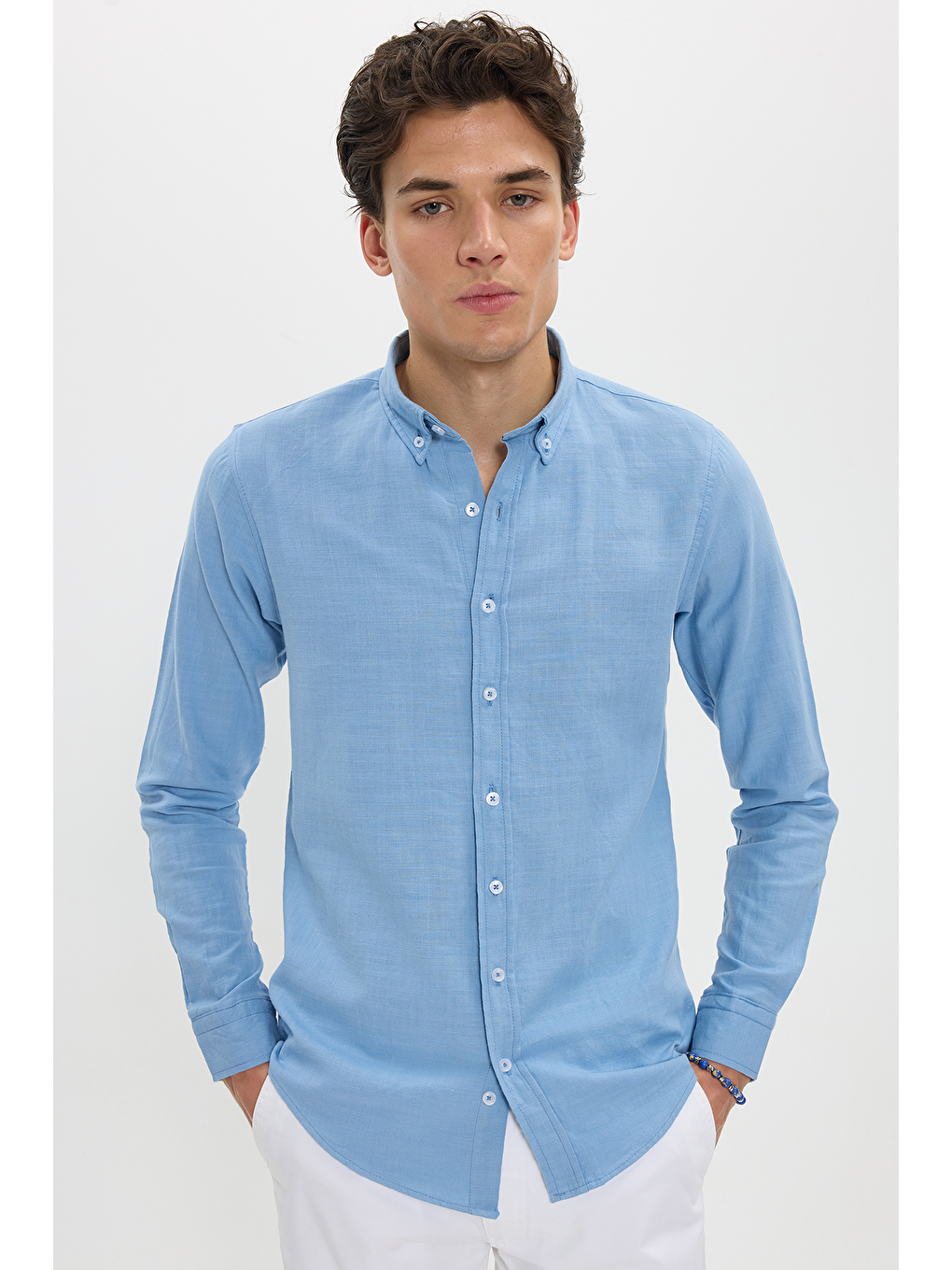Erkek Slim Fit Dar Kesim %100 Pamuk Düğmeli Yaka Flam Keten Mavi Gömlek-7