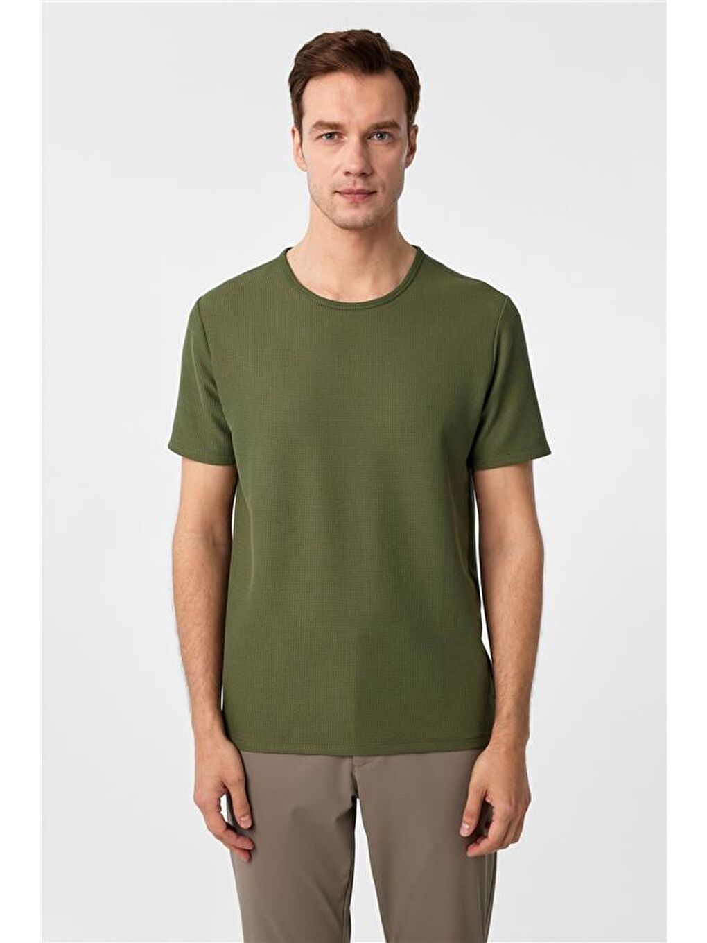Haki Slim Armürlü Bisiklet Yaka Tişört