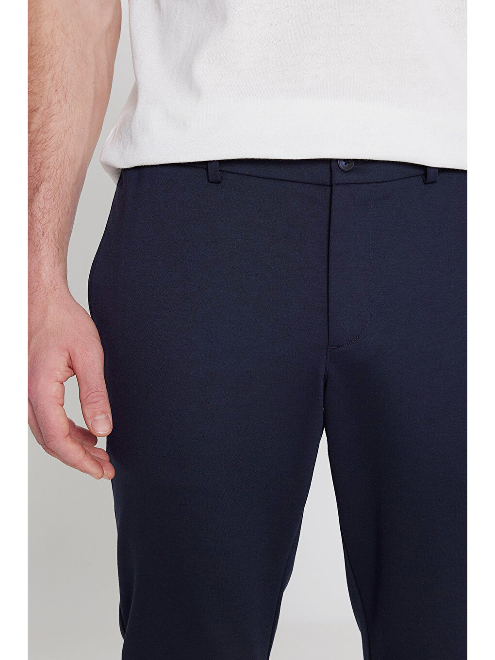 Erkek Lacivert Slim Fit Dar Kesim Beli Bağlamalı Yan Cepli Armürlü Casual Pantolon-3