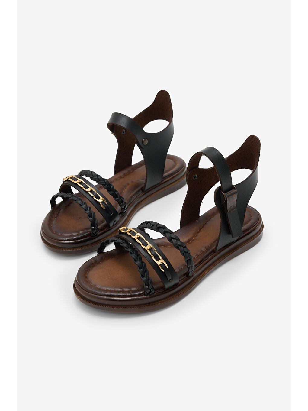 Kız Çocuk Siyah Rahat Kalıp Örgülü Düz Sandalet-1