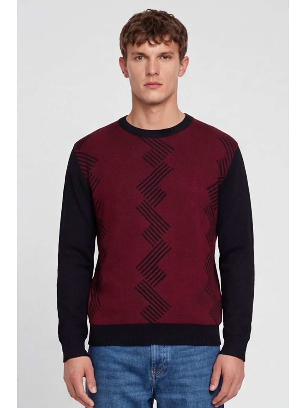 Erkek Bordo Normal Kesim Regular Fit Yünlü Desenli Bisiklet Yaka Triko Kazak